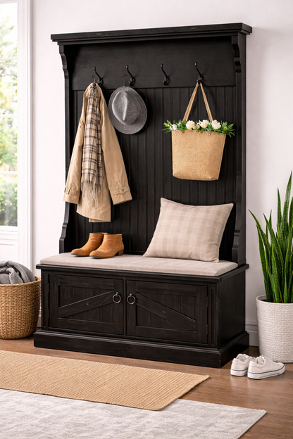 Rustic Hall Tree with Storage Bench – Solid Wood Entryway Organizer (Made in USA)