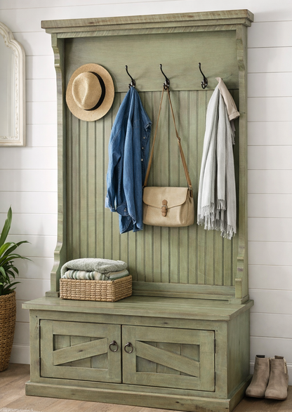 Rustic Hall Tree with Storage Bench – Solid Wood Entryway Organizer (Made in USA)