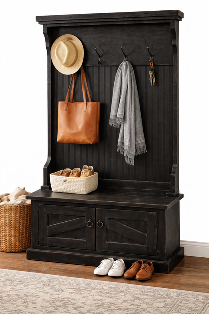 Rustic Hall Tree with Storage Bench – Solid Wood Entryway Organizer (Made in USA)