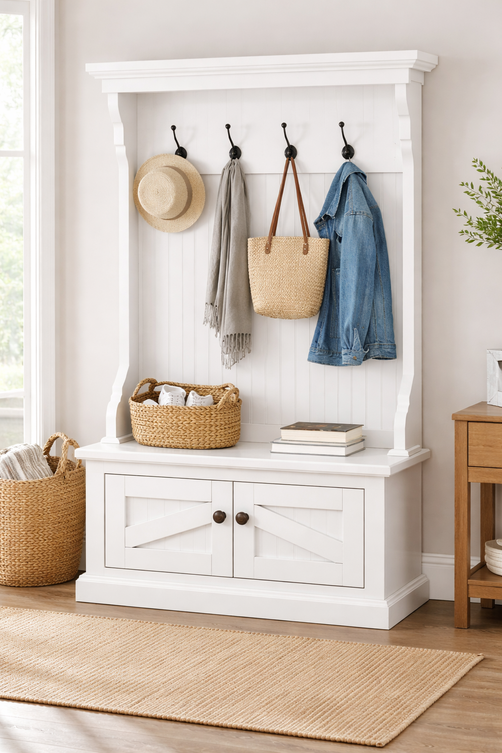 Rustic Hall Tree with Storage Bench – Solid Wood Entryway Organizer (Made in USA)