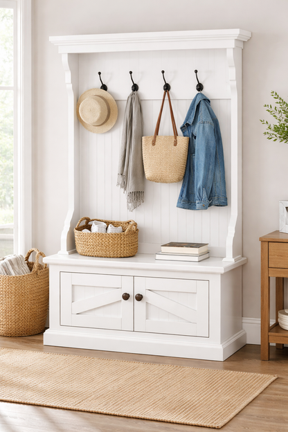 Rustic Hall Tree with Storage Bench – Solid Wood Entryway Organizer (Made in USA)