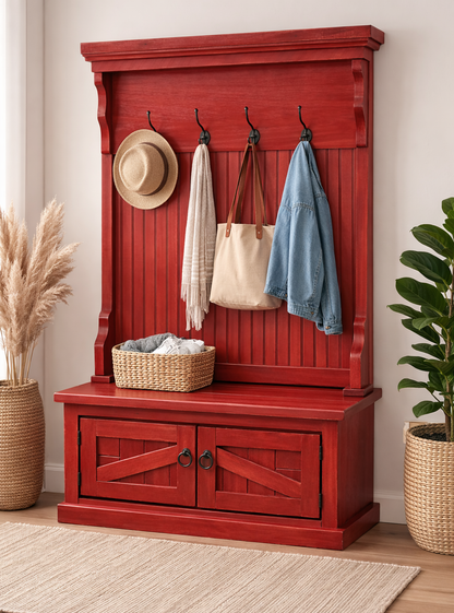 Rustic Hall Tree with Storage Bench – Solid Wood Entryway Organizer (Made in USA)