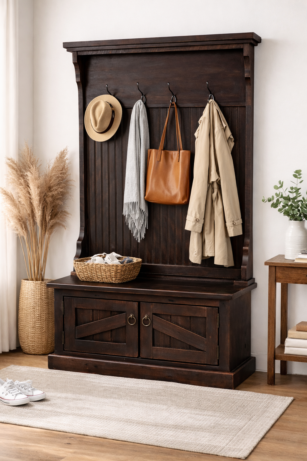 Rustic Hall Tree with Storage Bench – Solid Wood Entryway Organizer (Made in USA)