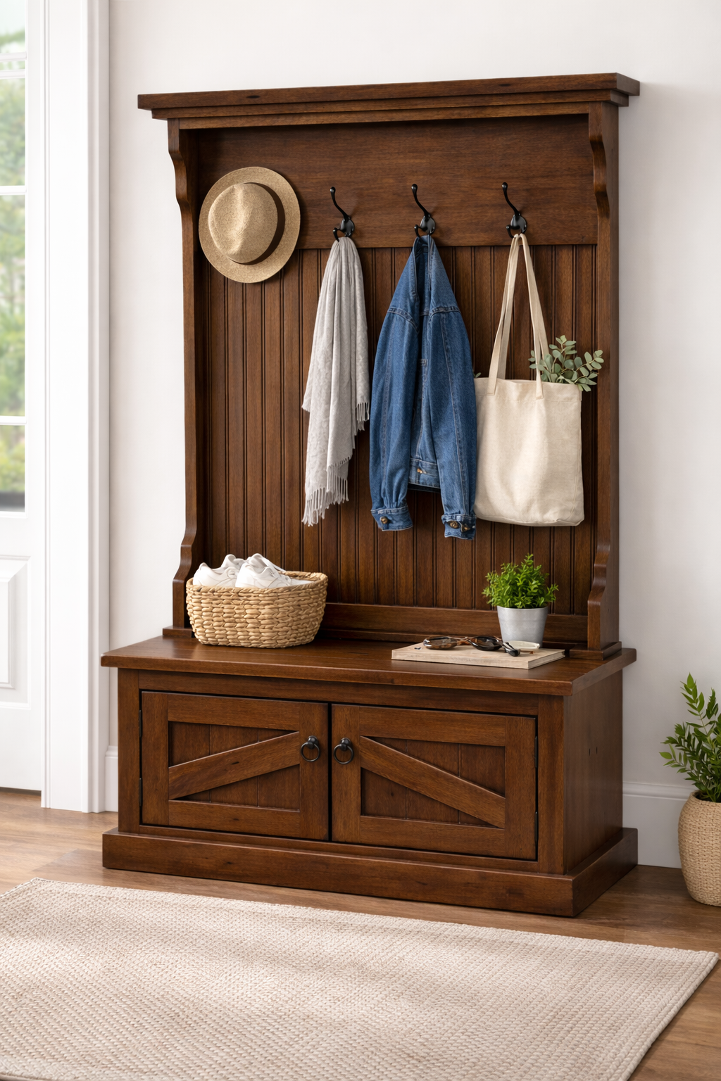 Rustic Hall Tree with Storage Bench – Solid Wood Entryway Organizer (Made in USA)