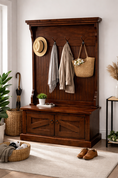 Rustic Hall Tree with Storage Bench – Solid Wood Entryway Organizer (Made in USA)