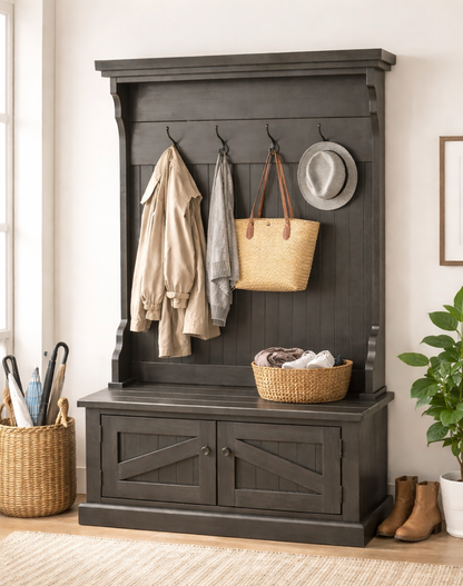 Rustic Hall Tree with Storage Bench – Solid Wood Entryway Organizer (Made in USA)