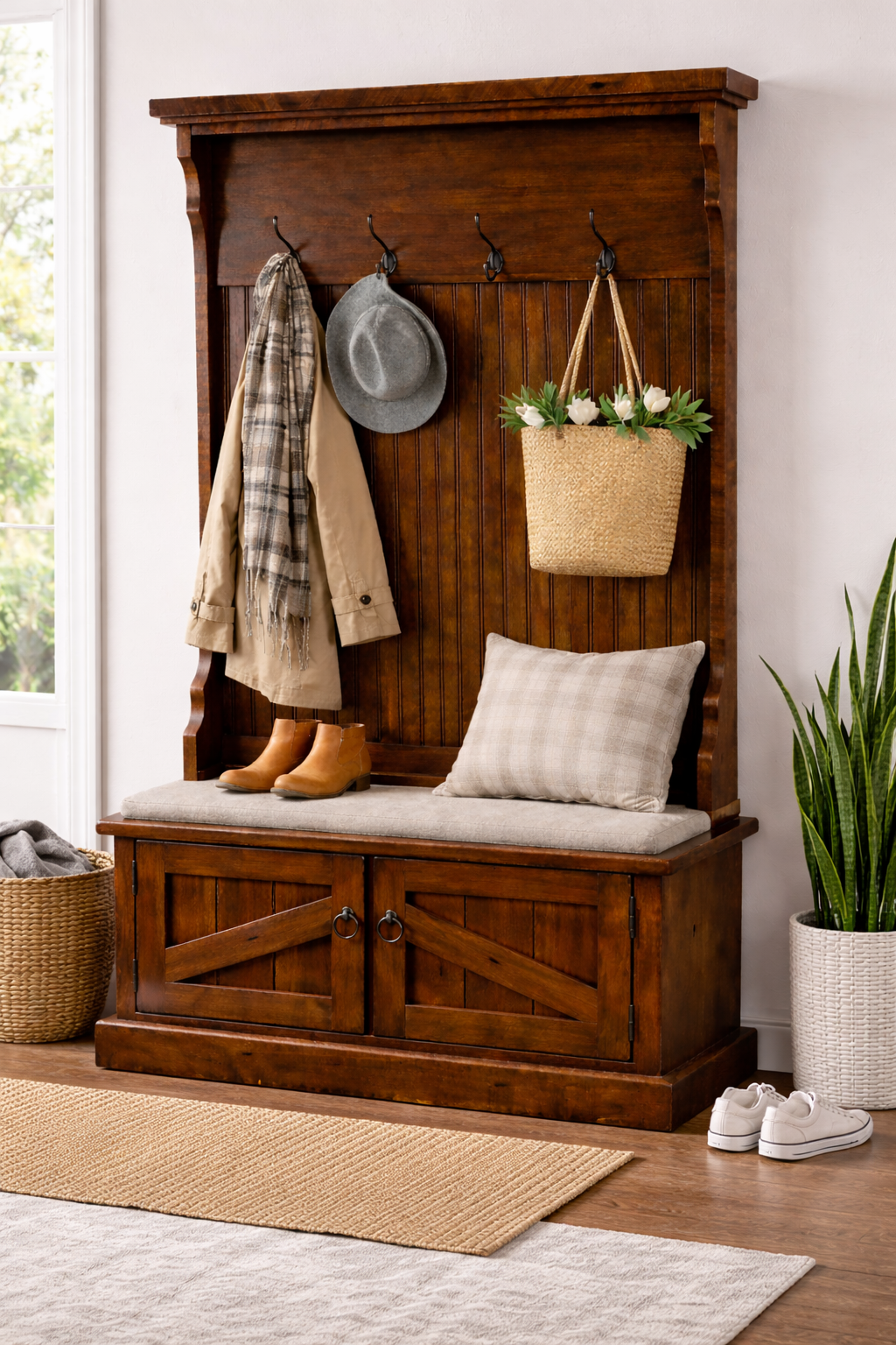 Rustic Hall Tree with Storage Bench – Solid Wood Entryway Organizer (Made in USA)