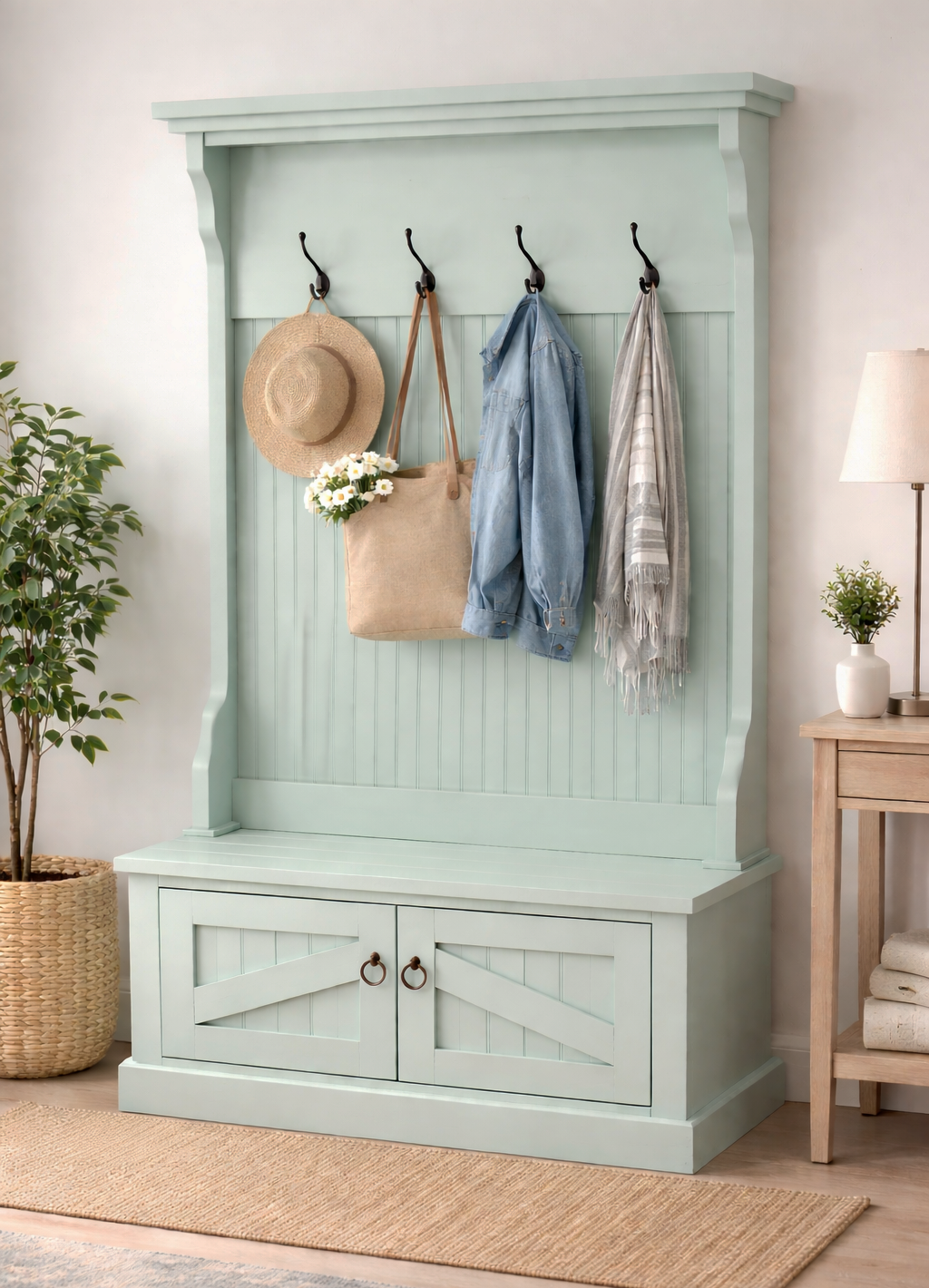 Rustic Hall Tree with Storage Bench – Solid Wood Entryway Organizer (Made in USA)
