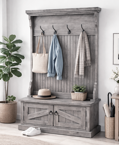 Rustic Hall Tree with Storage Bench – Solid Wood Entryway Organizer (Made in USA)