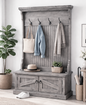 Rustic Hall Tree with Storage Bench – Solid Wood Entryway Organizer (Made in USA)