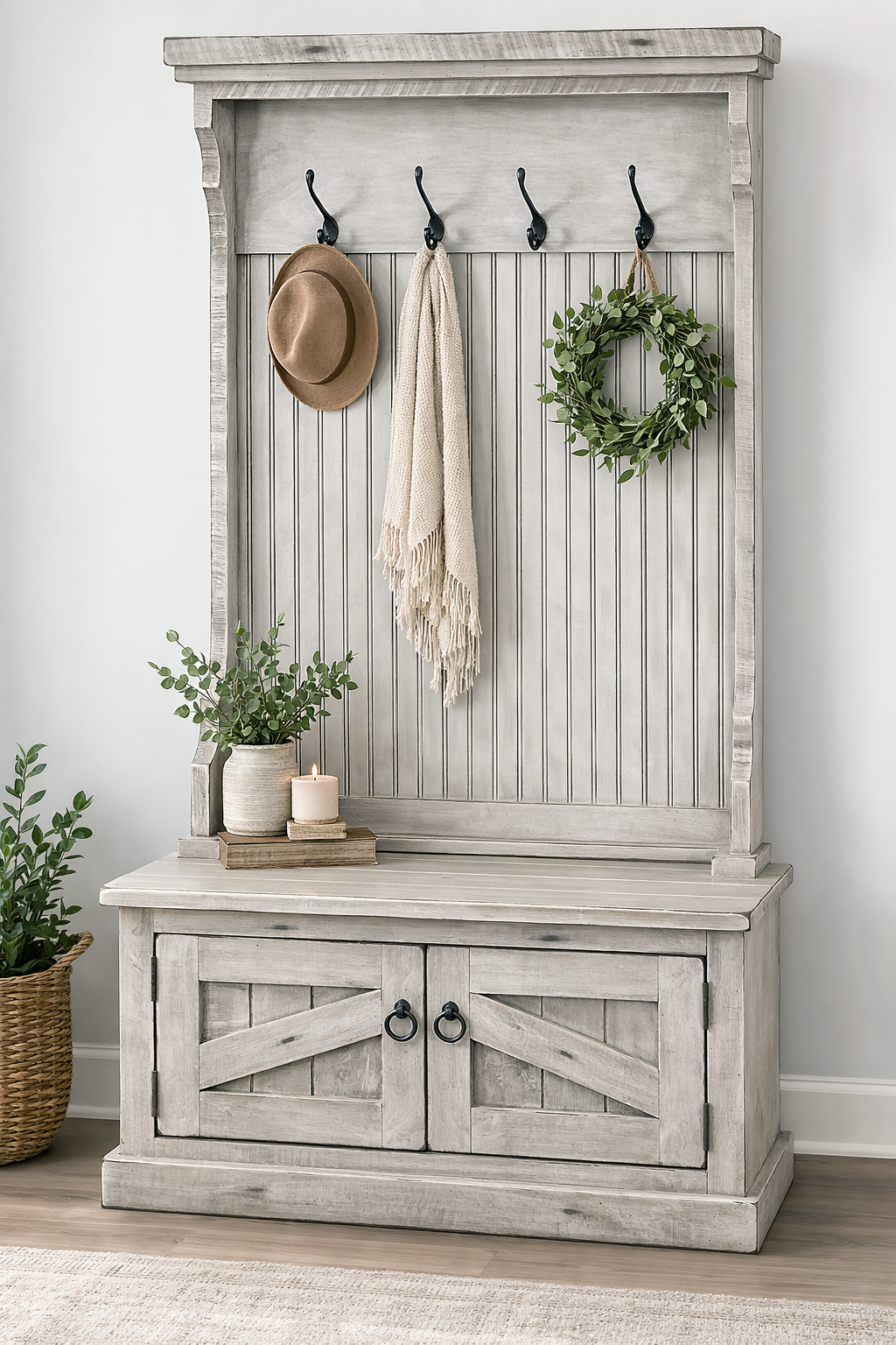 Rustic Hall Tree with Storage Bench – Solid Wood Entryway Organizer (Made in USA)