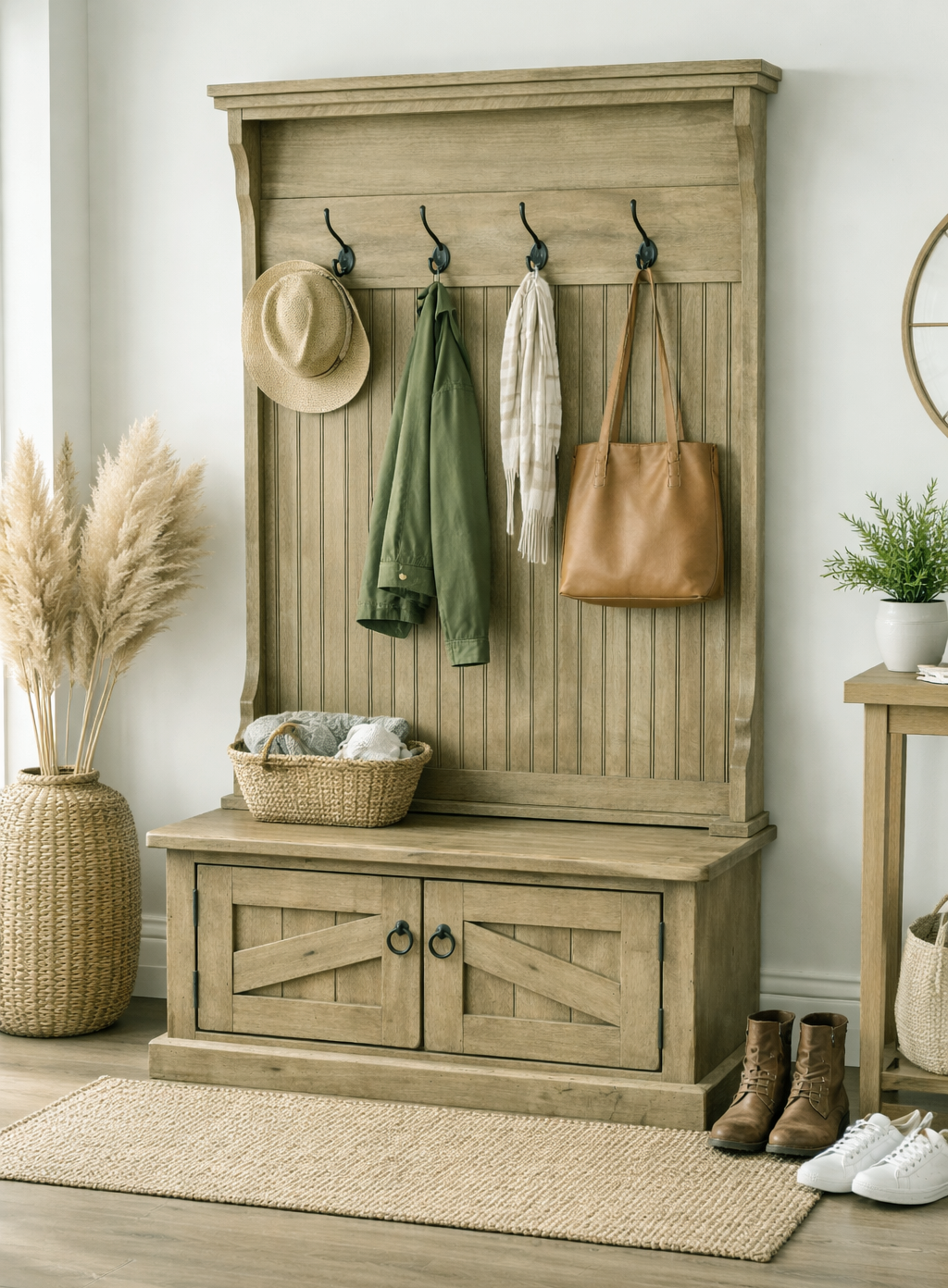 Rustic Hall Tree with Storage Bench – Solid Wood Entryway Organizer (Made in USA)