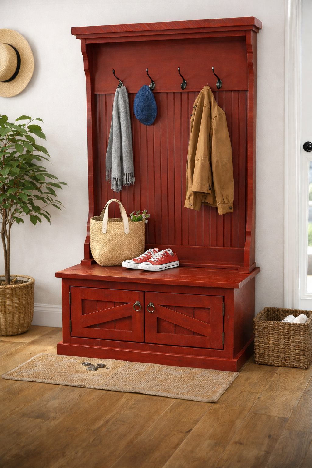 Rustic Hall Tree with Storage Bench – Solid Wood Entryway Organizer (Made in USA)