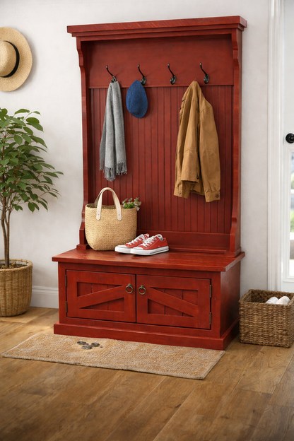 Rustic Hall Tree with Storage Bench – Solid Wood Entryway Organizer (Made in USA)