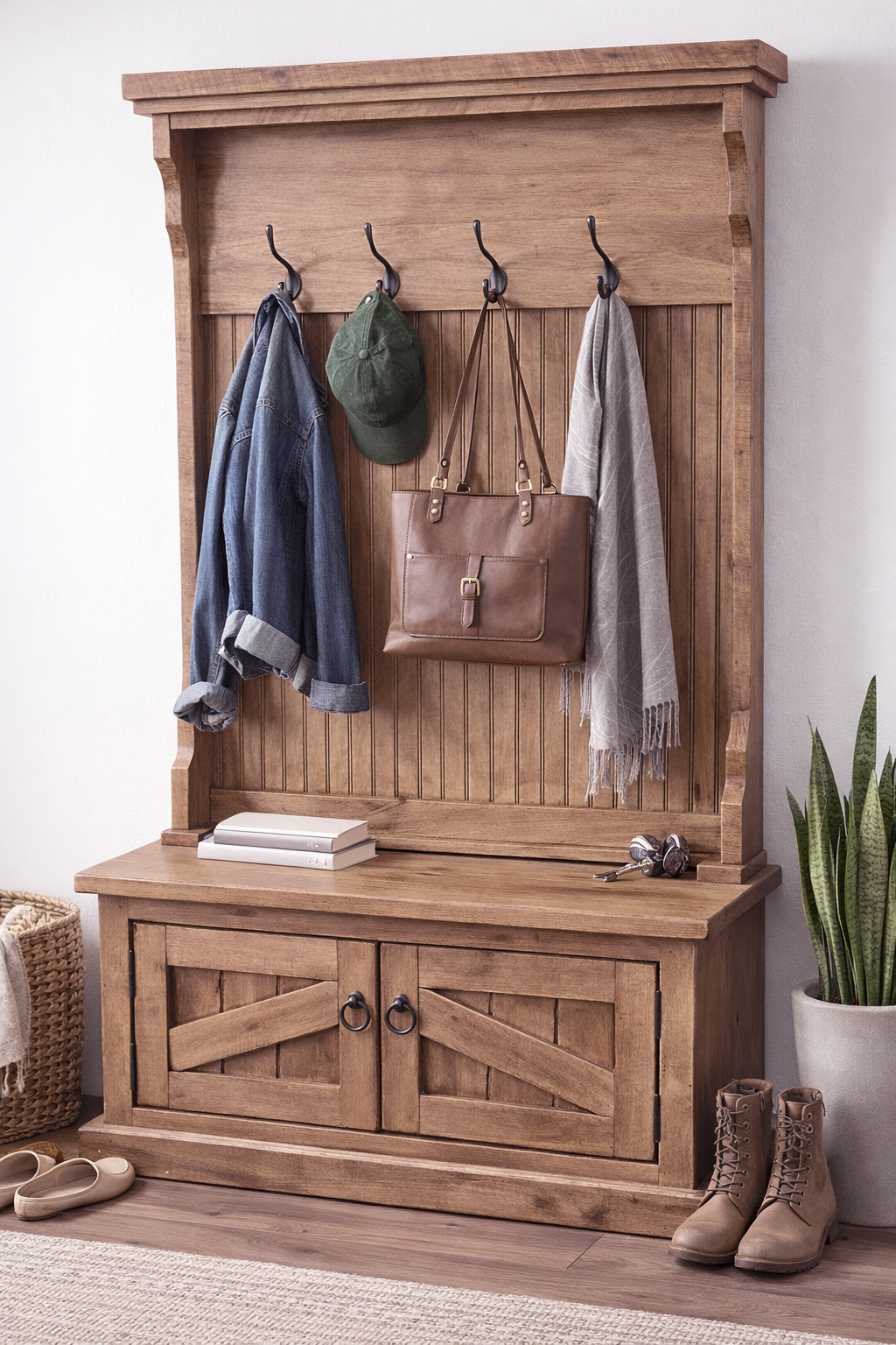 Rustic Hall Tree with Storage Bench – Solid Wood Entryway Organizer (Made in USA)