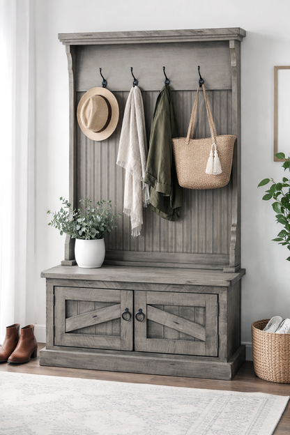 Rustic Hall Tree with Storage Bench – Solid Wood Entryway Organizer (Made in USA)