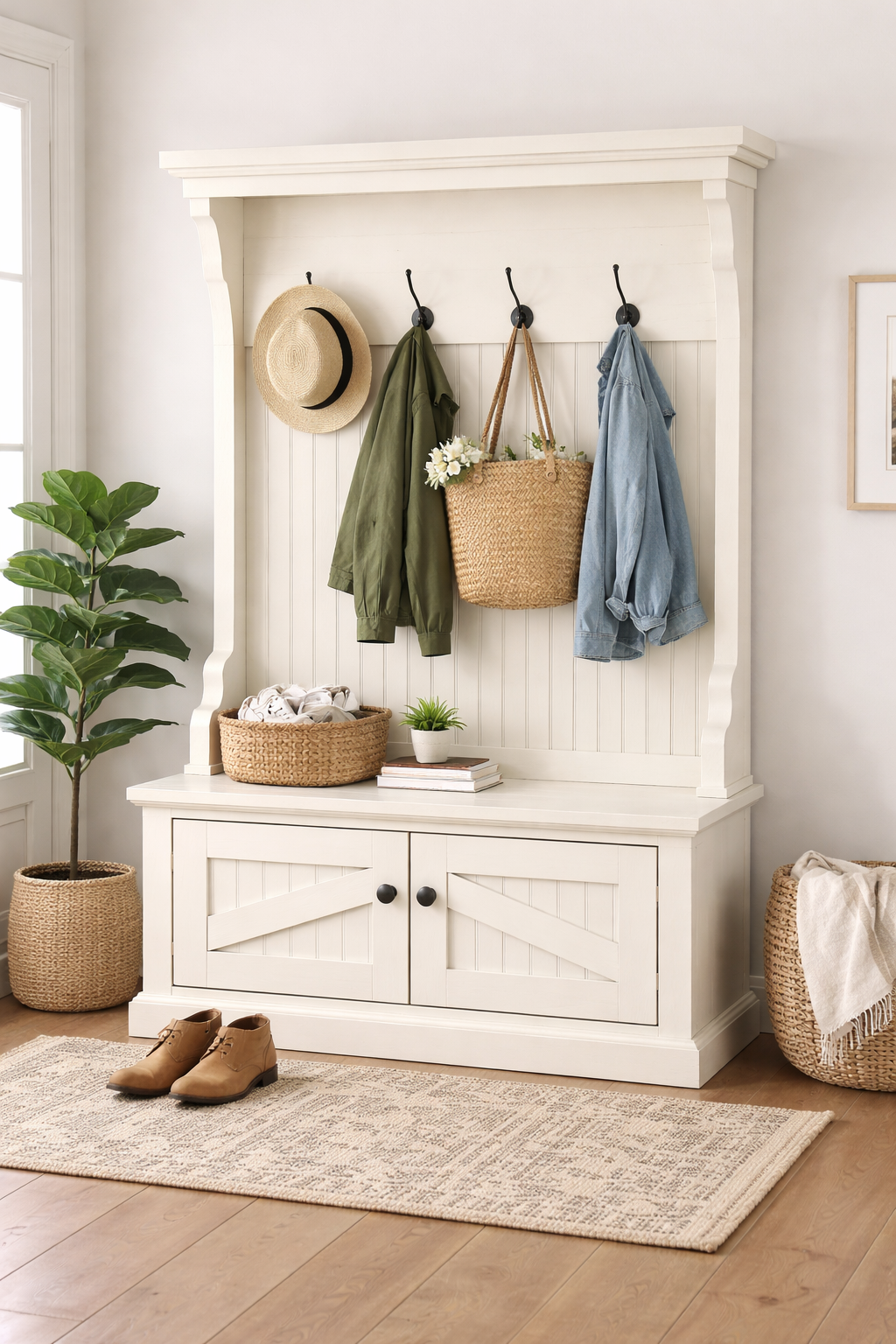 Rustic Hall Tree with Storage Bench – Solid Wood Entryway Organizer (Made in USA)