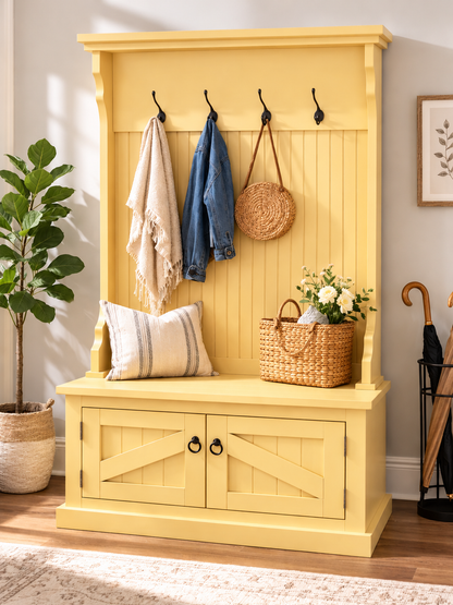 Rustic Hall Tree with Storage Bench – Solid Wood Entryway Organizer (Made in USA)