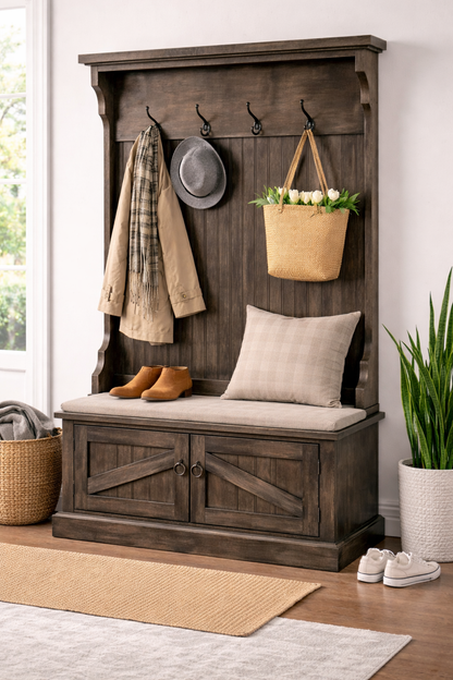 Rustic Hall Tree with Storage Bench – Solid Wood Entryway Organizer (Made in USA)