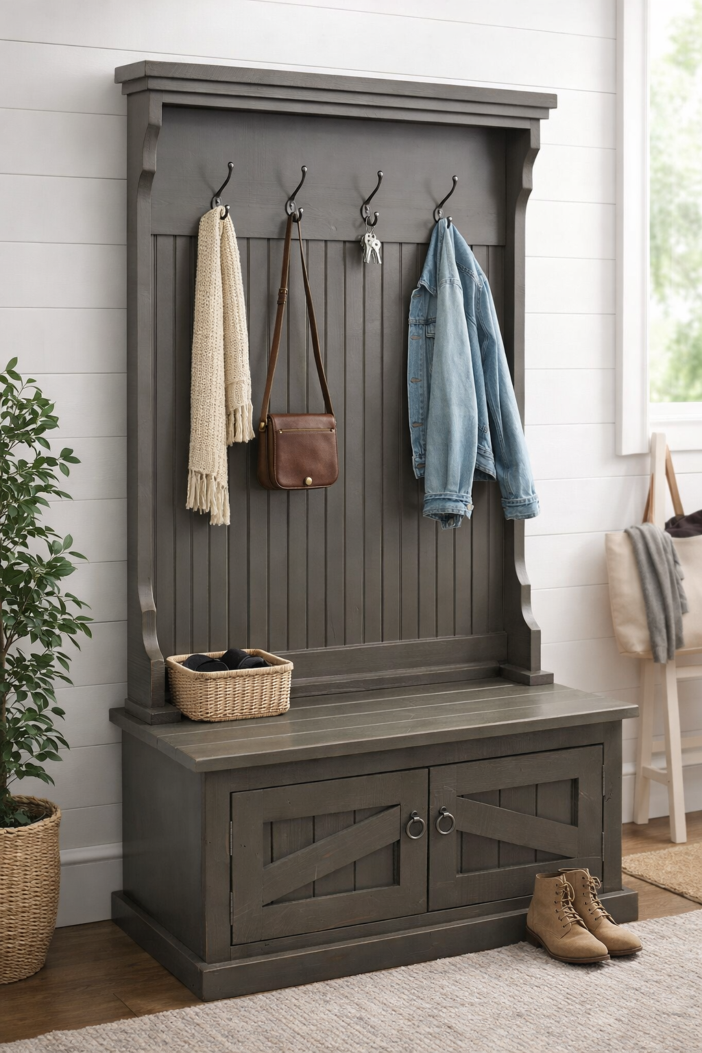Rustic Hall Tree with Storage Bench – Solid Wood Entryway Organizer (Made in USA)