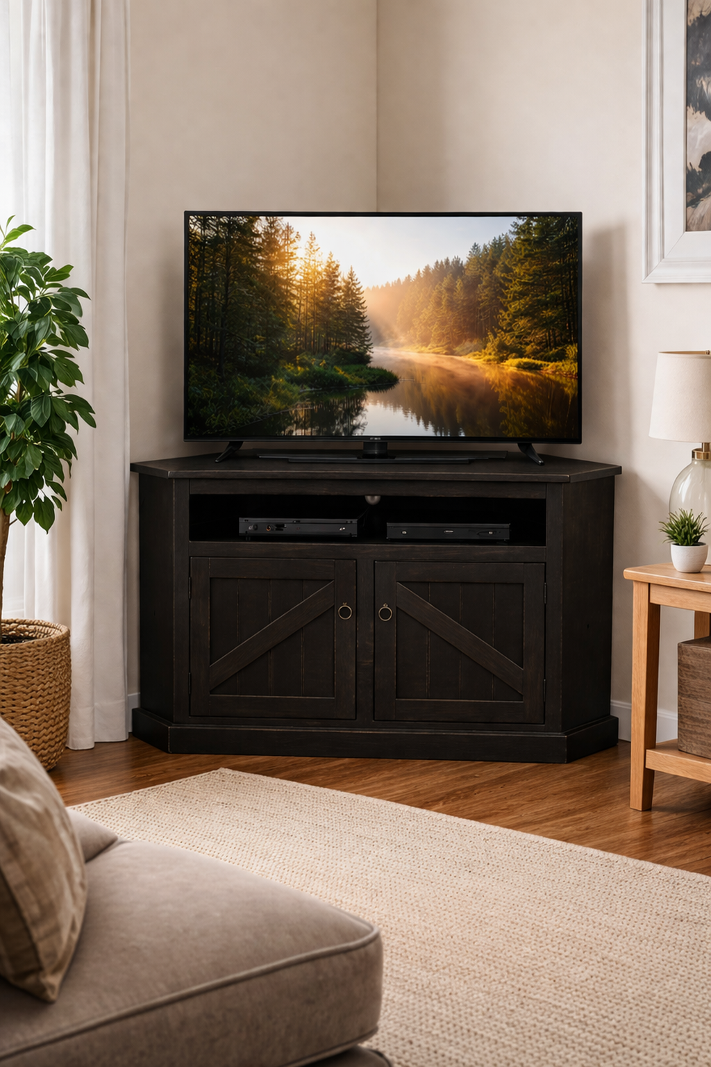 Rustic Curve Corner TV Stand – Solid Wood Corner Entertainment Center (Made in USA)