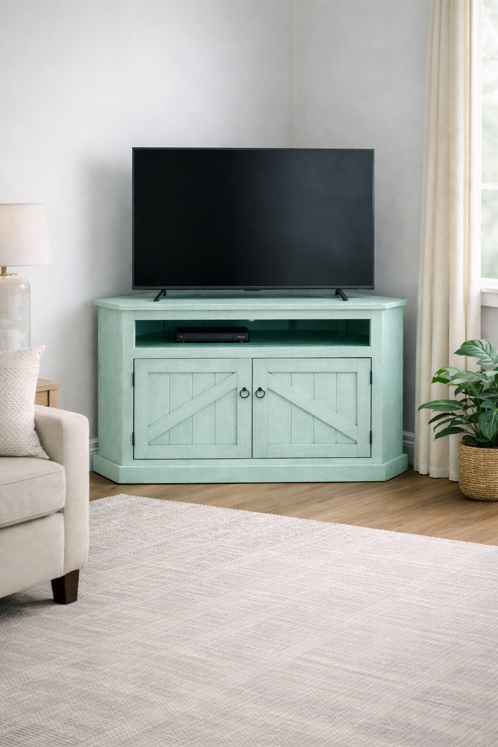 Rustic Curve Corner TV Stand – Solid Wood Corner Entertainment Center (Made in USA)