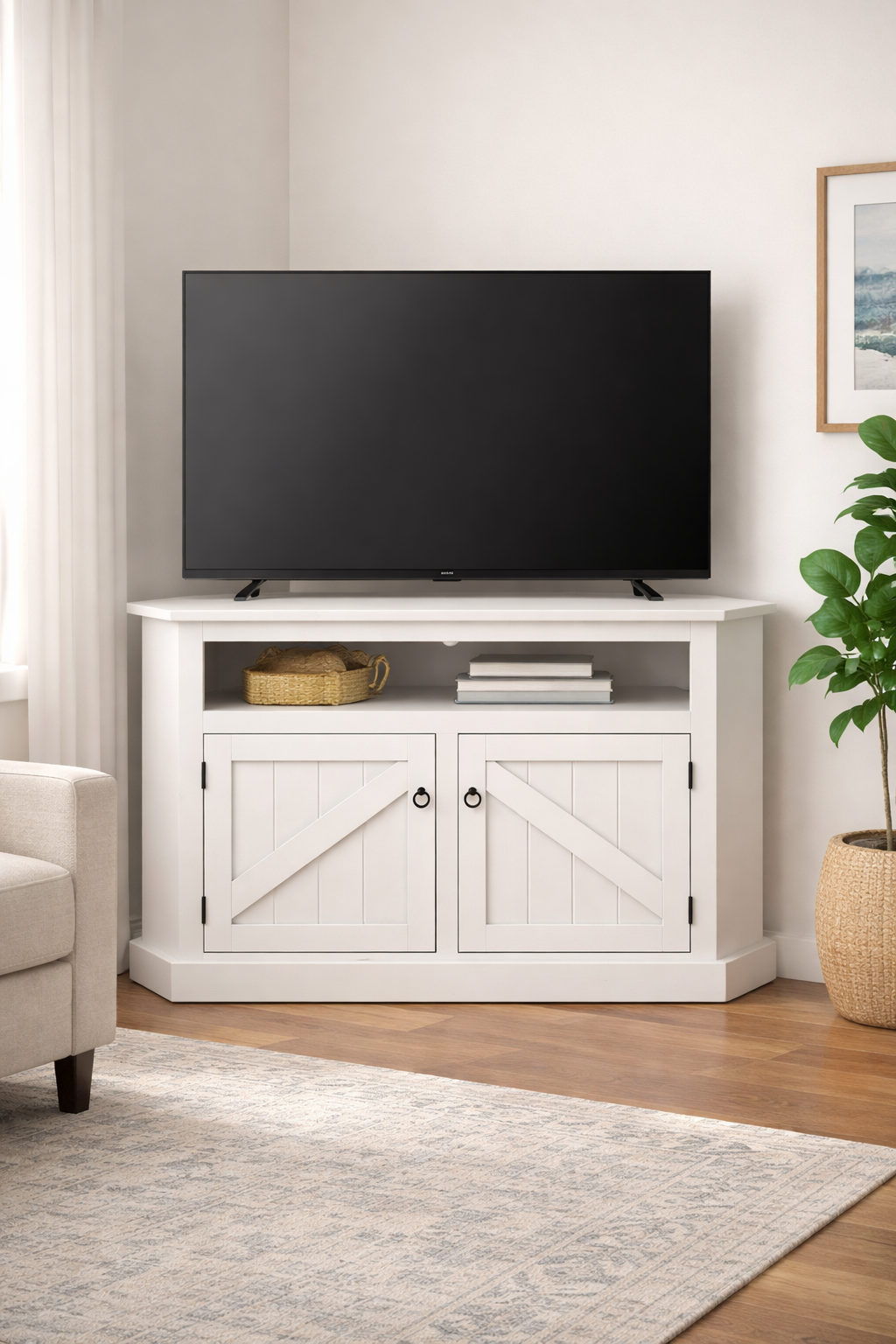 Rustic Curve Corner TV Stand – Solid Wood Corner Entertainment Center (Made in USA)