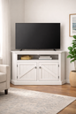 Rustic Curve Corner TV Stand – Solid Wood Corner Entertainment Center (Made in USA)