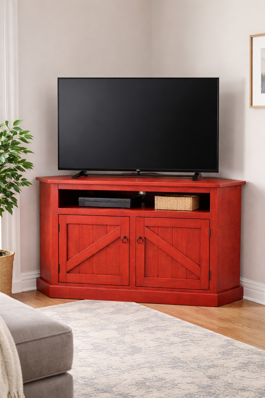 Rustic Curve Corner TV Stand – Solid Wood Corner Entertainment Center (Made in USA)