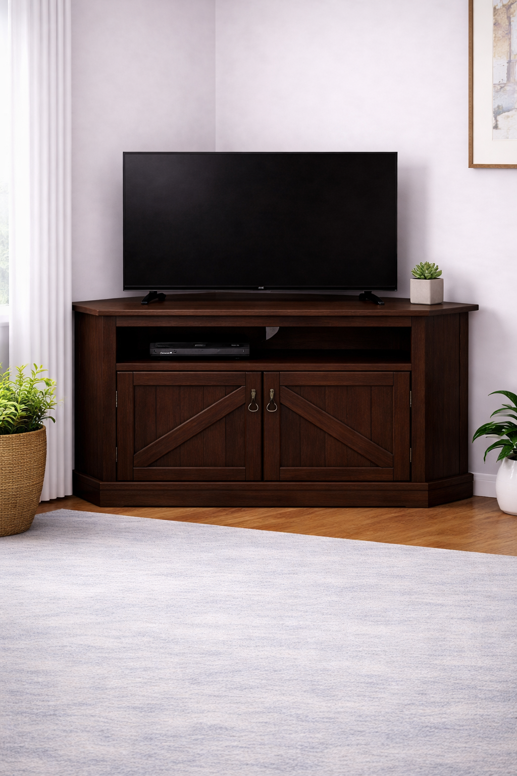 Rustic Curve Corner TV Stand – Solid Wood Corner Entertainment Center (Made in USA)