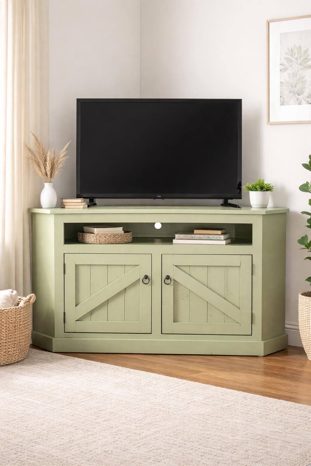 Rustic Curve Corner TV Stand – Solid Wood Corner Entertainment Center (Made in USA)