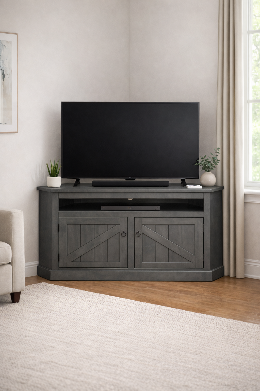 Rustic Curve Corner TV Stand – Solid Wood Corner Entertainment Center (Made in USA)