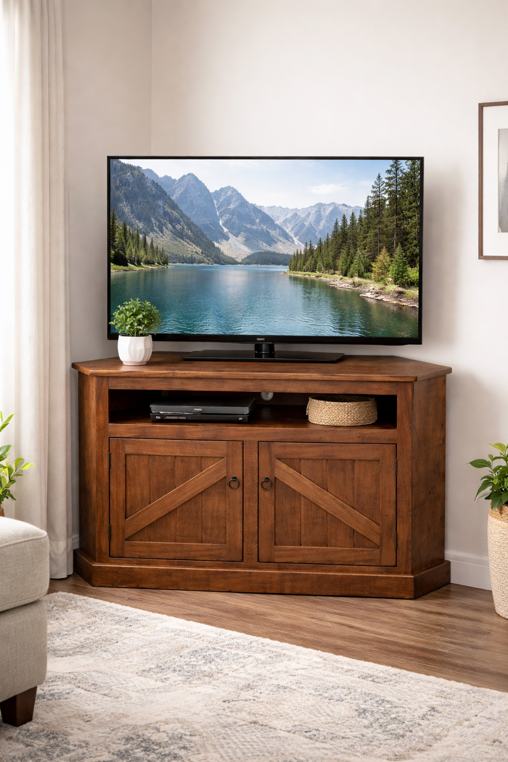 Rustic Curve Corner TV Stand – Solid Wood Corner Entertainment Center (Made in USA)