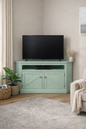 Rustic Curve Corner TV Stand – Solid Wood Corner Entertainment Center (Made in USA)