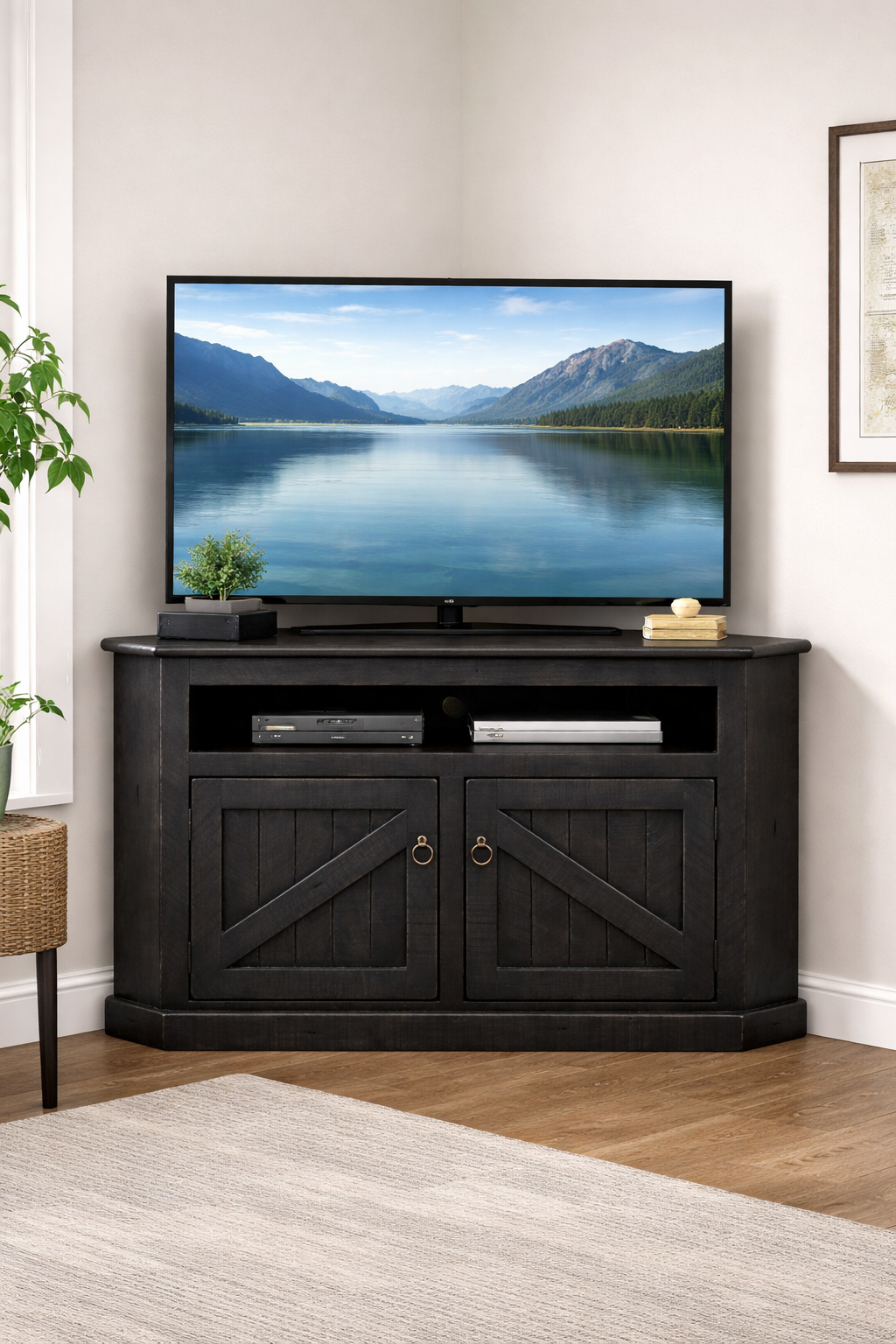 Rustic Curve Corner TV Stand – Solid Wood Corner Entertainment Center (Made in USA)
