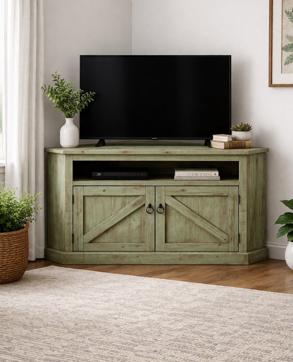 Rustic Curve Corner TV Stand – Solid Wood Corner Entertainment Center (Made in USA)