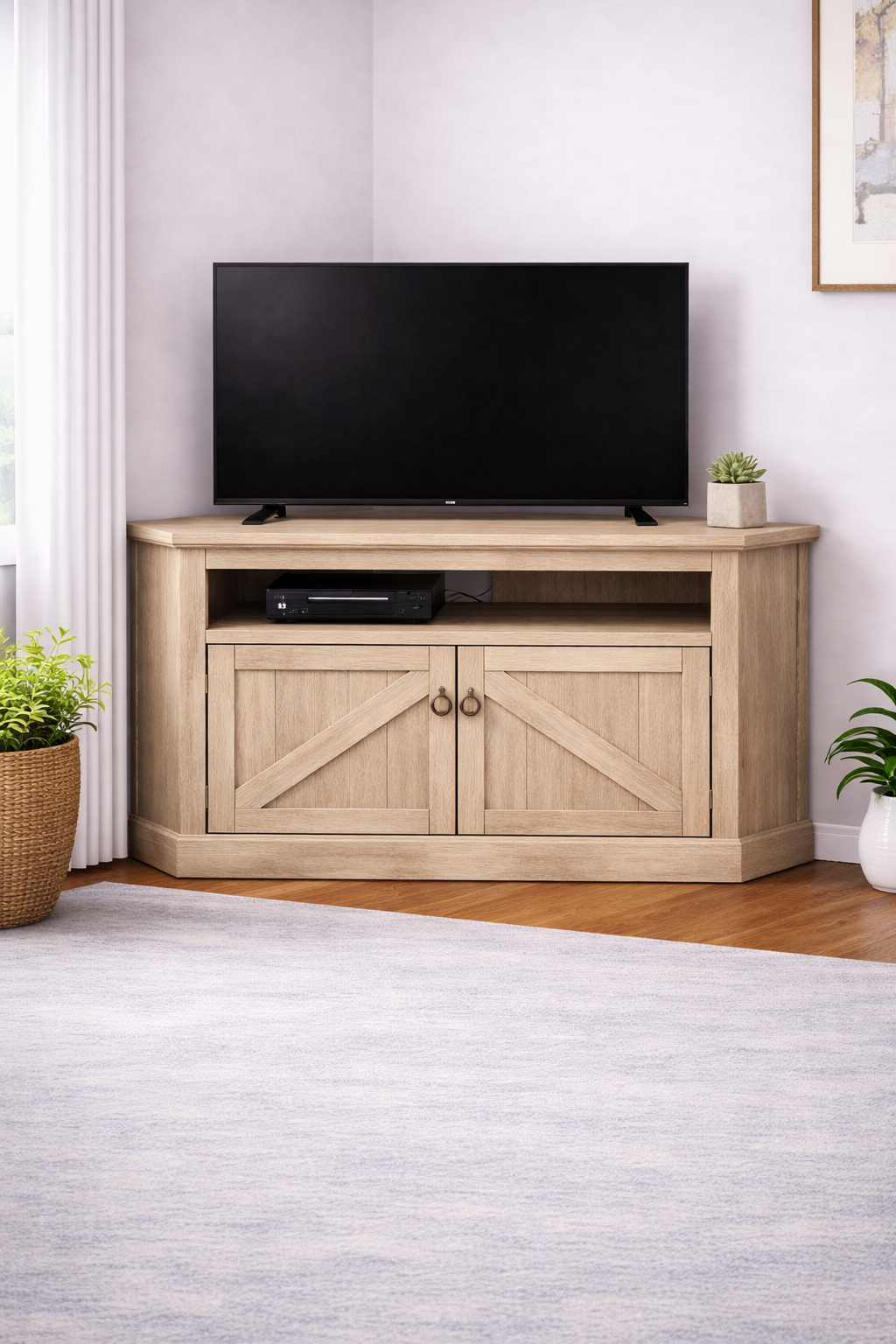 Rustic Curve Corner TV Stand – Solid Wood Corner Entertainment Center (Made in USA)