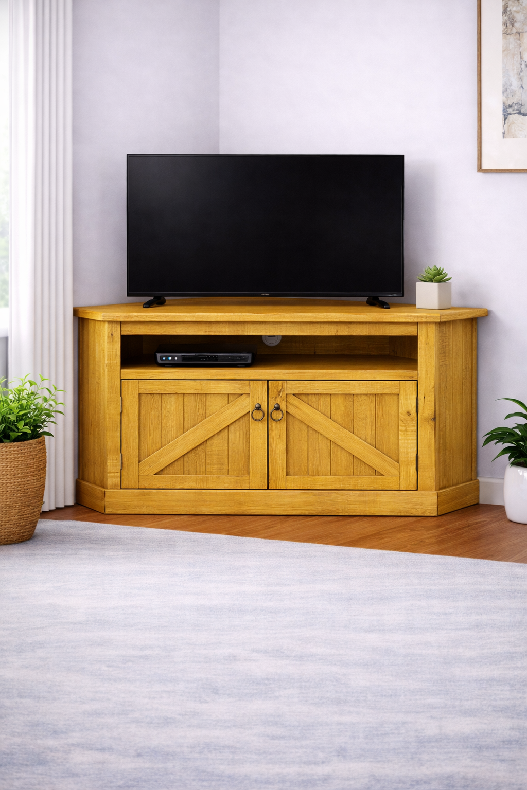 Rustic Curve Corner TV Stand – Solid Wood Corner Entertainment Center (Made in USA)