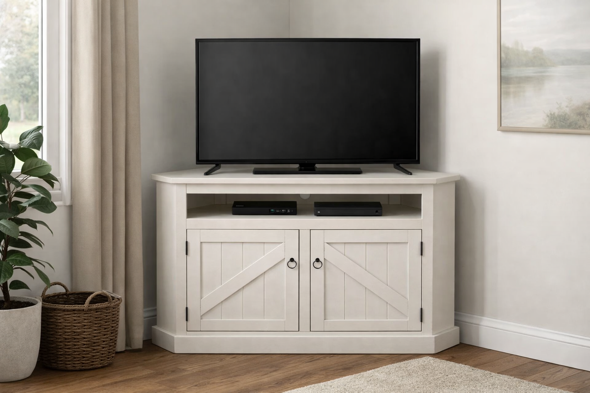 Rustic Curve Corner TV Stand – Solid Wood Corner Entertainment Center (Made in USA)