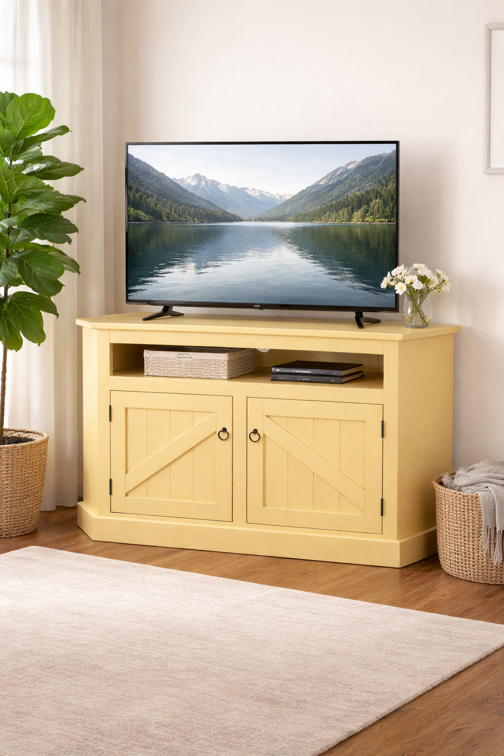 Rustic Curve Corner TV Stand – Solid Wood Corner Entertainment Center (Made in USA)