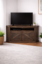 Rustic Curve Corner TV Stand – Solid Wood Corner Entertainment Center (Made in USA)