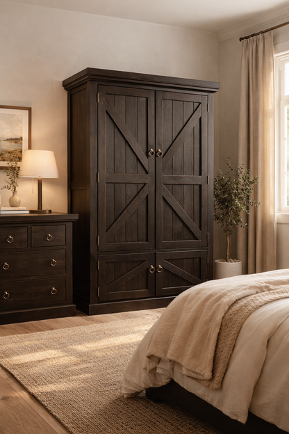 Rustic Double Door Armoire – Solid Wood Wardrobe Closet with Shelving (Made in USA)