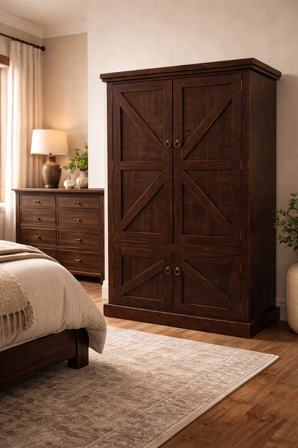 Rustic Double Door Armoire – Solid Wood Wardrobe Closet with Shelving (Made in USA)