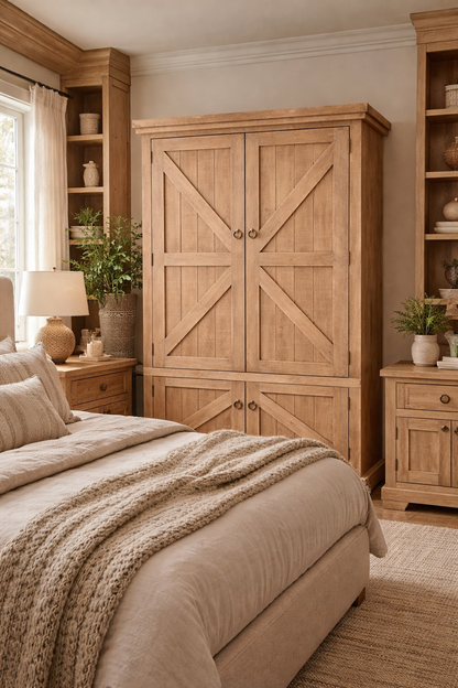 Rustic Double Door Armoire – Solid Wood Wardrobe Closet with Shelving (Made in USA)