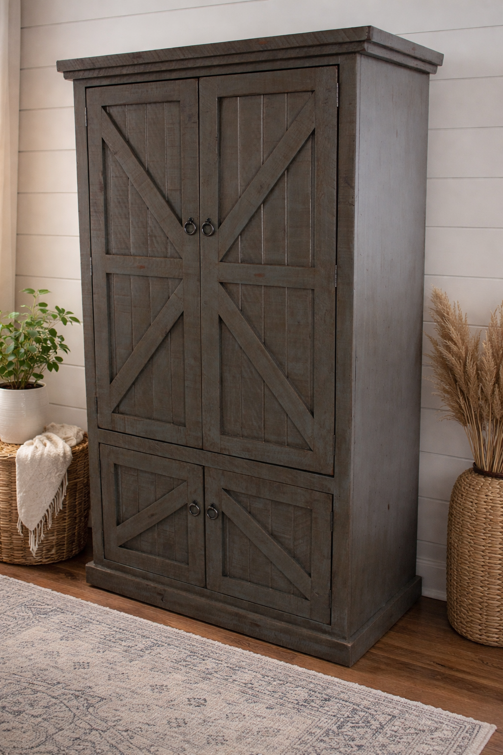 Rustic Double Door Armoire – Solid Wood Wardrobe Closet with Shelving (Made in USA)