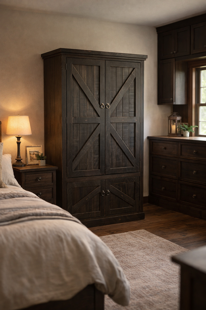 Rustic Double Door Armoire – Solid Wood Wardrobe Closet with Shelving (Made in USA)