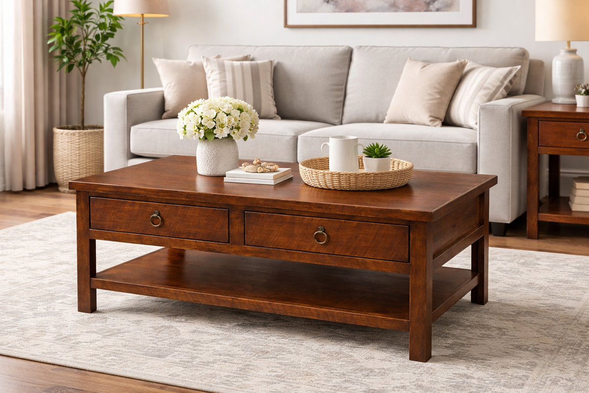 Rustic Promo Coffee Table – Solid Wood Living Room Table with Storage (Made in USA)