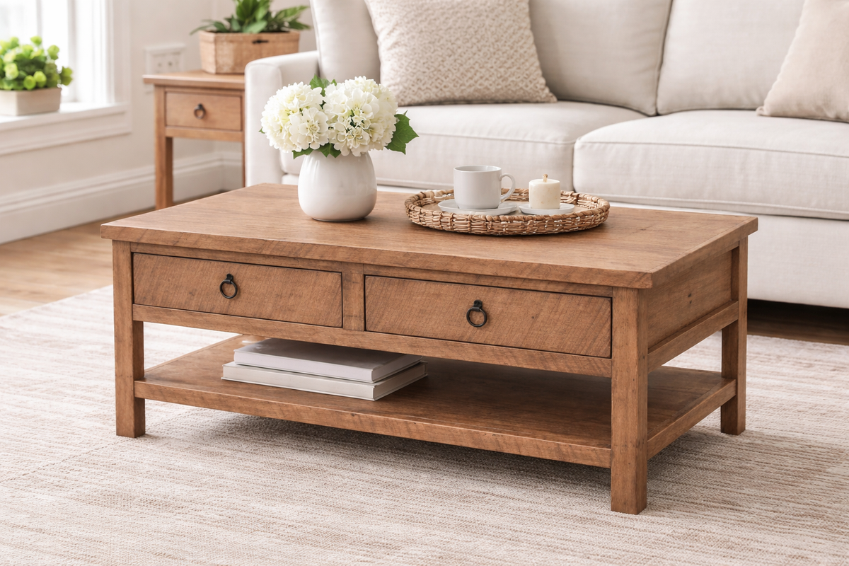 Rustic Promo Coffee Table – Solid Wood Living Room Table with Storage (Made in USA)