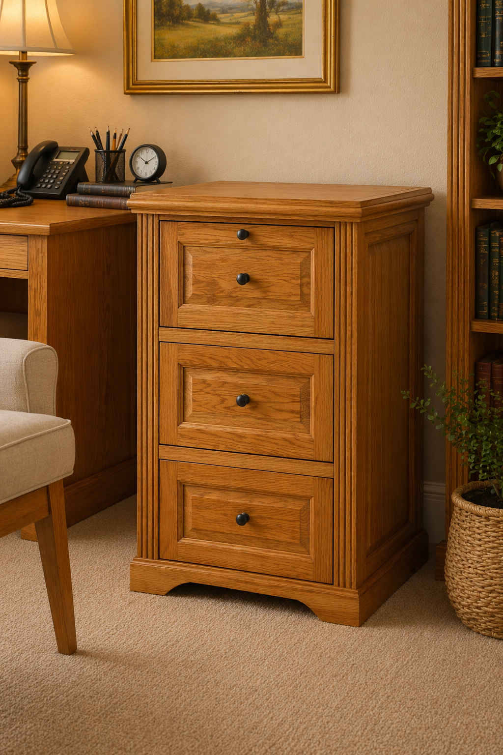 Oak 3 Drawer File Cabinet – Solid Wood Office Storage with Locking Drawer (Made in USA)