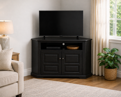 Poplar Tall Curve Corner TV Stand – Solid Wood Corner Entertainment Center (Made in USA)